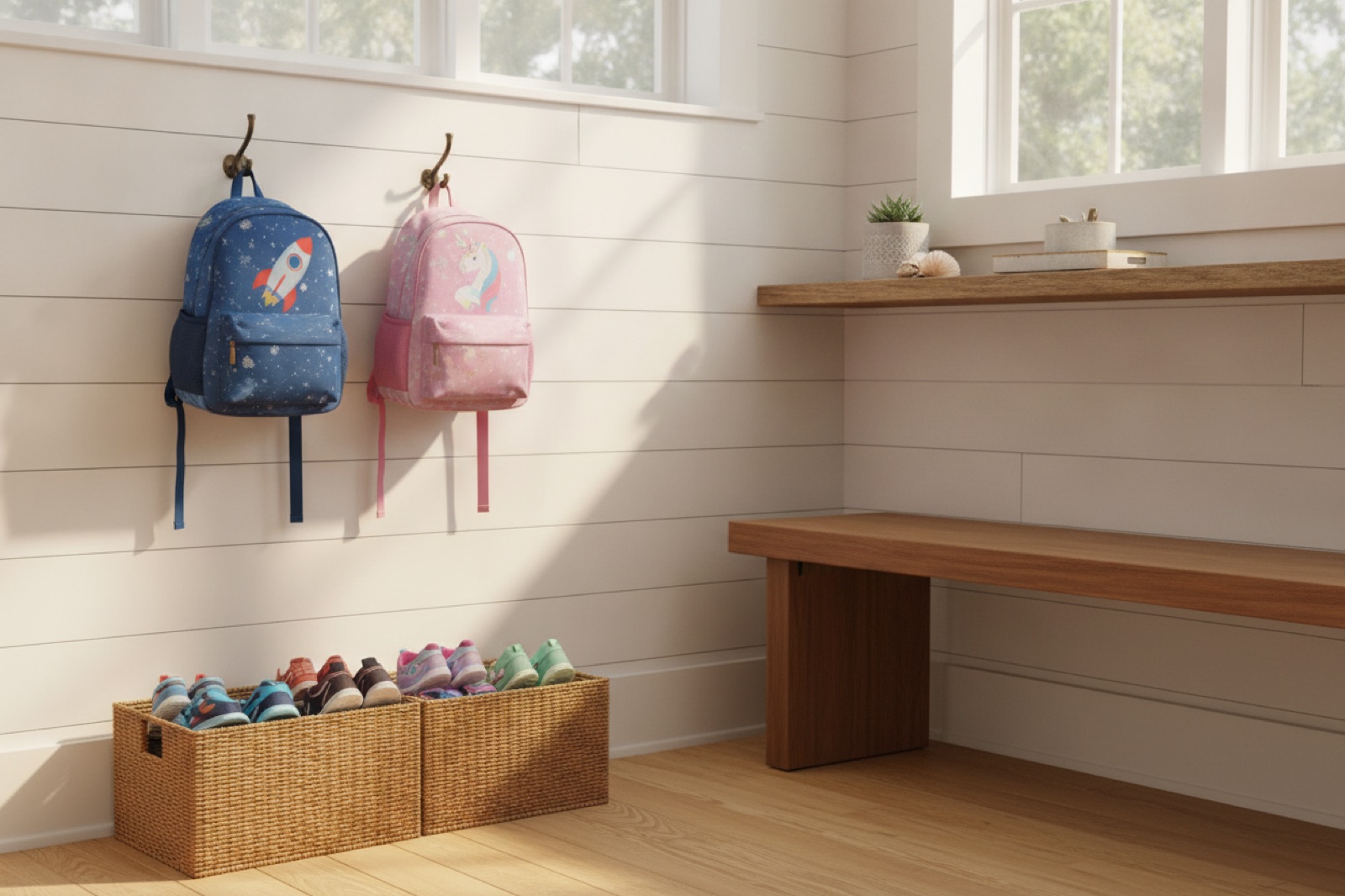 Tidy entryway with kids backpacks on hooks and shoes in a bin, ready for the school year