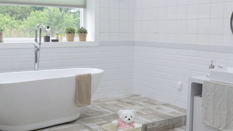 Sparkling clean white bathroom kept free of mildew and summer humidity