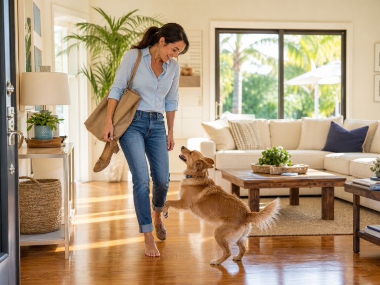 Homeowner arriving to a freshly cleaned living room, greeted by her dog