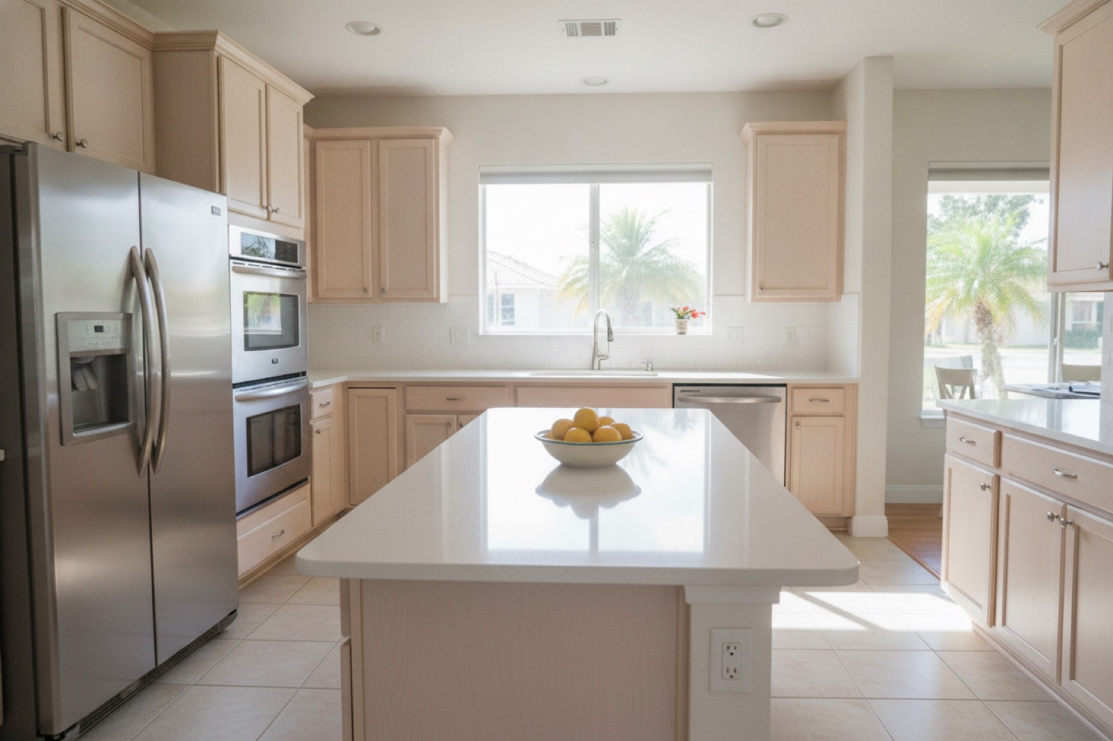 Bright, freshly cleaned Florida kitchen with clear quartz counters and sunlight over the sink
