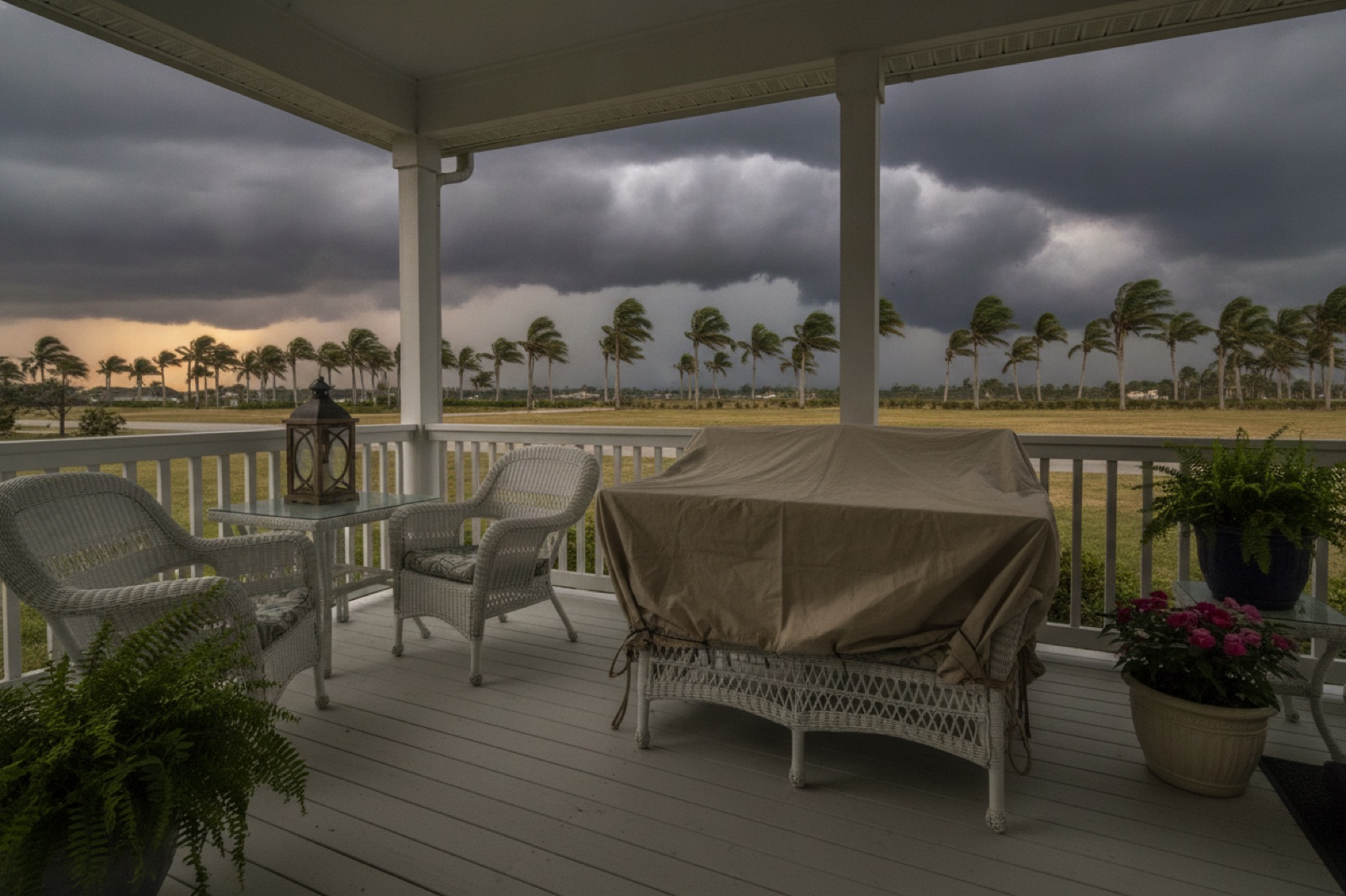 Storm clouds over palm trees seen from a Florida porch with patio furniture stacked and covered