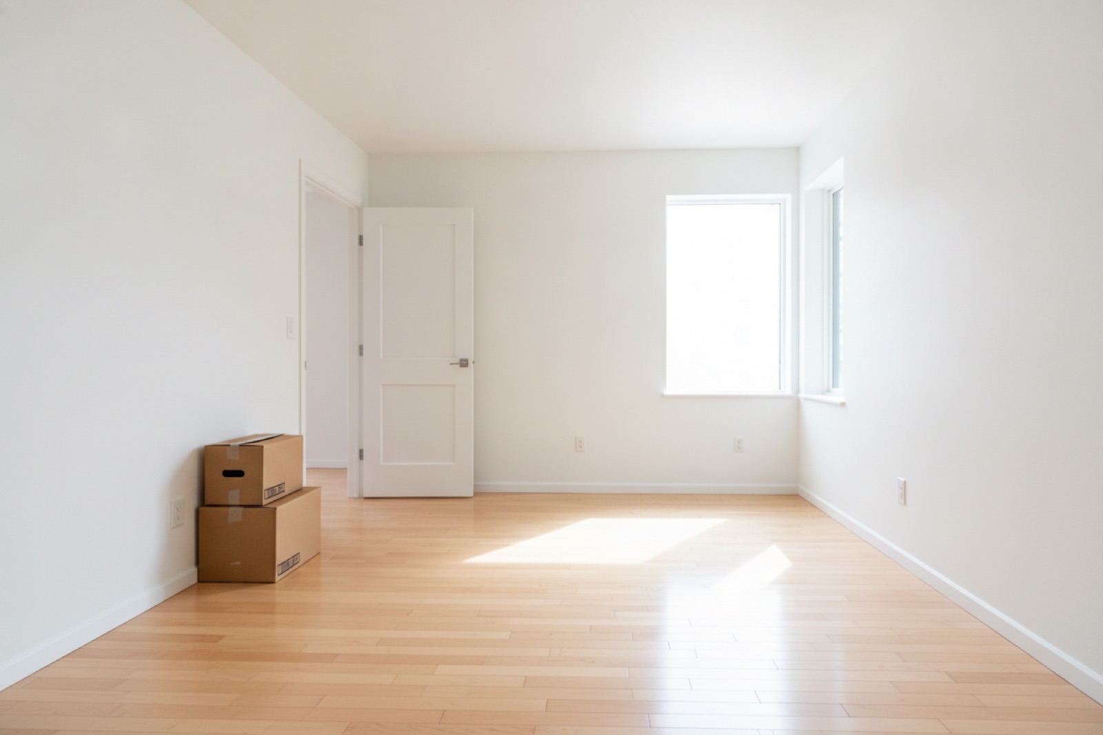 Empty freshly cleaned rental room with bare wood floors and a few moving boxes