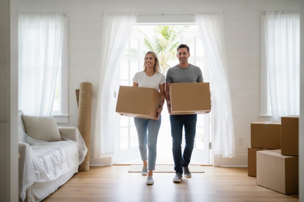 Couple carrying moving boxes into a bright Florida beach cottage on moving day