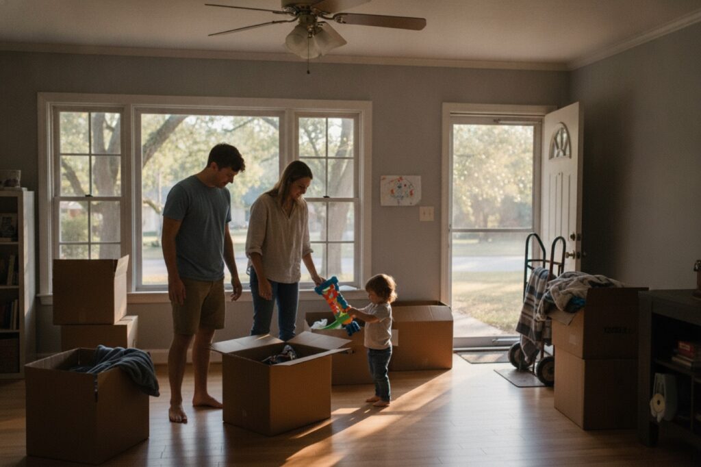 Family unpacking moving boxes in the living room of a Jacksonville Florida home