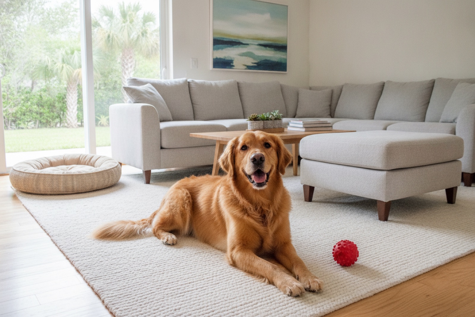 Golden retriever resting on a clean rug in a tidy, bright Florida living room
