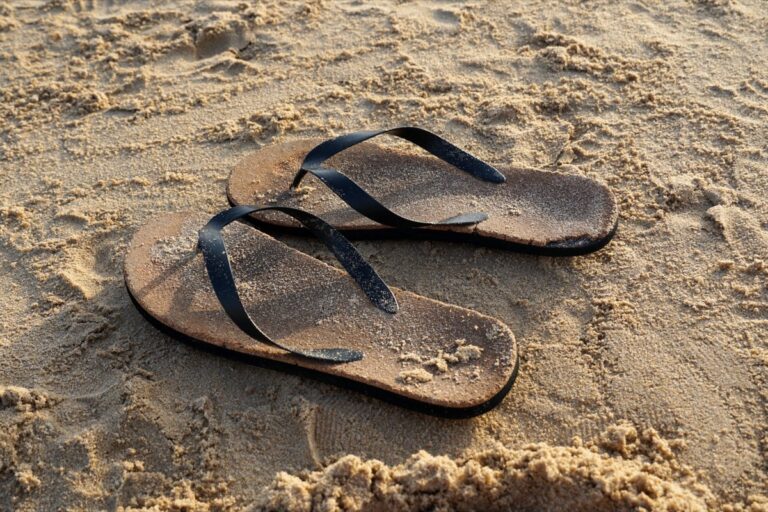 Pair of sandy flip-flops on a Florida beach, ready to be left at the door