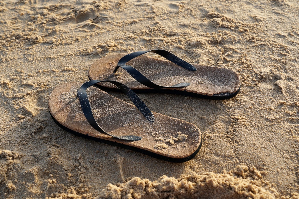 Pair of sandy flip-flops on a Florida beach, ready to be left at the door