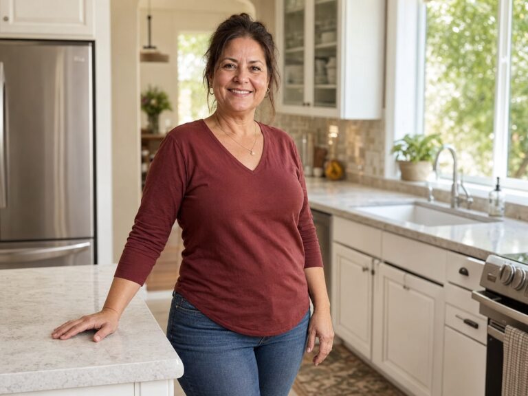 Experienced house cleaner smiling in a freshly cleaned kitchen