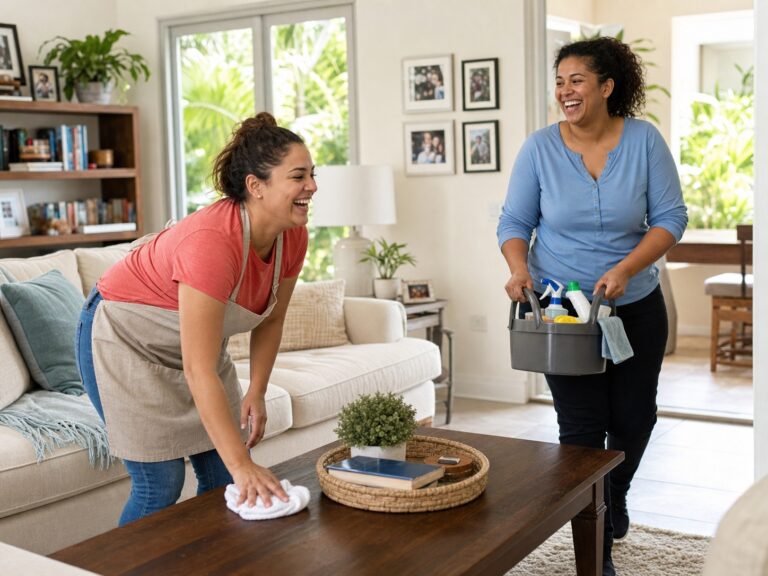Two happy independent house cleaners working together in a Florida home